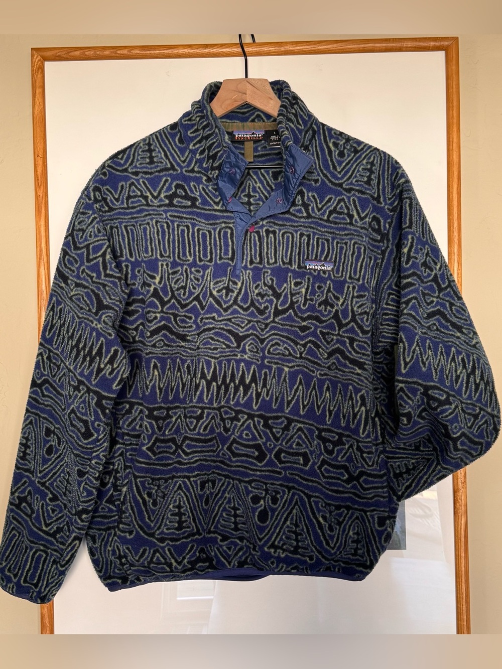Vintage 90s Patagonia Synchilla Fleece Blue Aztec Print Snap-T RARE | Size Small - Picture 4 of 7